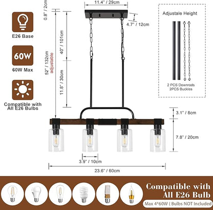Farmhouse Dining Room Light Fixtures Over Table，Rustic Ceiling Pendant Lights Kitchen Island，4-Light Wood Kitchen Island Lighting Linear Chandelier with Clear Glass lampshade