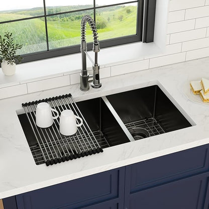 33 Inch Black Undermount Double Sink 16 Gague Stainless Steel Double Undermount Kitchen Sinks 60/40 Large Deep Double Bowl Kitchen Sinks 33"x19"x10"