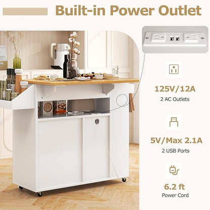 Giantex Rolling Kitchen Island Cart w/Drop Leaf, Power Outlet, Wine Rack, Stemware Rack, Drawer, Spice Rack, Mobile Storage Cart, Island Table on Wheels for Breakfast Dining (White & Natural)