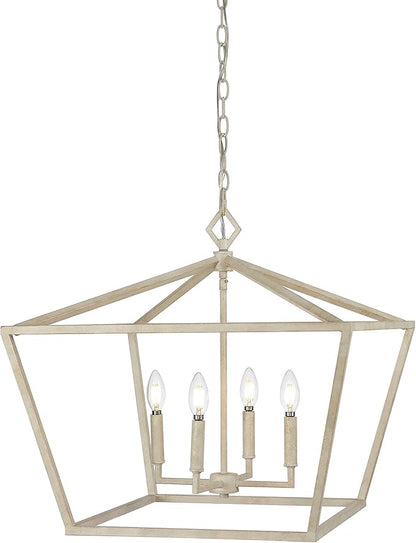 JONATHAN Y 23" Antique White 4-Light Rustic Glam Adjustable Iron LED Pendant, Open Cage Lantern Hanging Light for Dining Room, Kitchen Island, Foyer, Farmhouse French Country JYL7520A