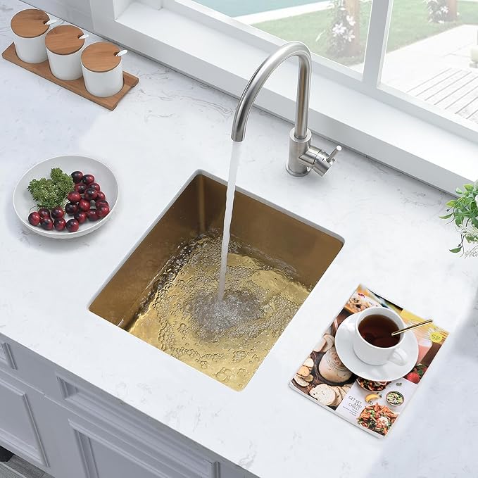 14 Inch Gold Bar Sink Undermount,14x19 Gold Bar Sink Undermount Small Stainless Steel Kitchen Sinks 18 Gauge Single Bowl Kitchen Prep Sinks with Drain Strainer
