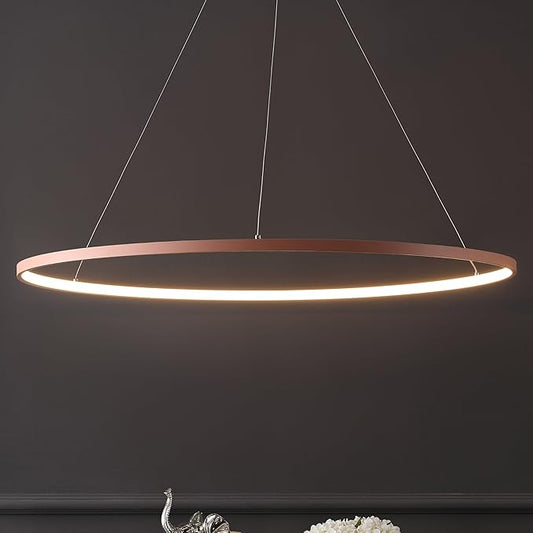 JONATHAN Y 35" Matte Pink Modern Integrated LED Pendant Light, Dimmable Round Hoop Chandelier for Kitchen Island, Dining Room, Adjustable Height Metal Hanging Light (JYL7220B)