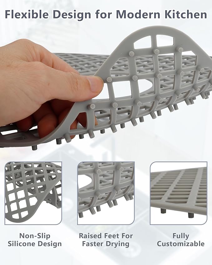 2 Pack Silicone Sink Protector for Kitchen Sink, Trellis Pattern 12 x 11" Sink Grid Mat Silicone Protectors, Center Drain, Gray
