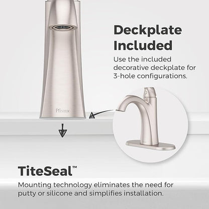 Pfister Willa Single Handle Bathroom Sink Faucet 1 Hole NSF Certified Spot Defense Brushed Nickel Finish with Push & Seal Drain WaterSense Compliant Vanity Faucet LF042MALGS