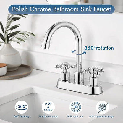 4 Inch Centerset Bathroom Faucets Double Cross Handle Bathroom Sink Faucet Deck Mounted Vintage RV Farmhouse Vanity Basin Mixer Tap with Pop up Drain,Polish Chrome