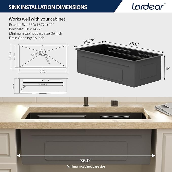 Lordear 33 Inch Gunmetal Black Kitchen Sink With Waterfall Faucet Undermount Kitchen Sinks Workstation Stainless Steel T304 16 Gauge Single Bowl NANO-PVD Handmade Under Counter 33x17x10 Inch