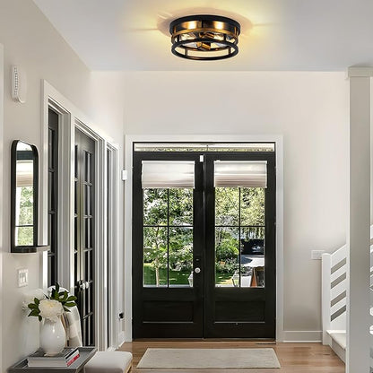 Antique Gold Bronze Flush Mount Light, Electroplated Bronze & Black 2-Light Fixture for Kitchen Hallway Bedroom, Low Profile E26 Close-to-Ceiling Lighting (Single Unit)