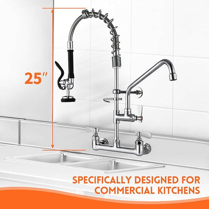 25" Height Commercial Faucet Wall Mount with Sprayer 8" Adjustable Center 12" Swing Spout, Wall Mount Kitchen Sink Faucet with Pull Down Pre-Rinse Sprayer for 1/2 Compartment Sink