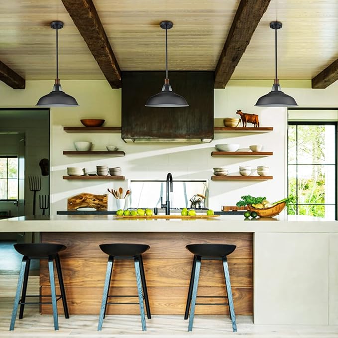 CLAXY Rod Pendant Light Black Barn Farmhouse Pendant Lighting Dimmable Kitchen Hanging Pendant Light Fixture-15.3"