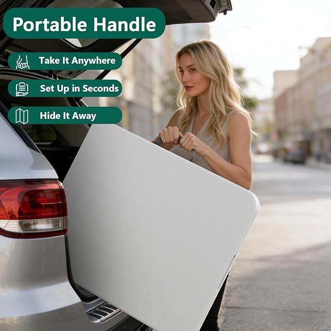 6FT Folding Table 2 Pack, Heavy Duty Plastic Table with Handel, 400 lbs Portable Table, Reinforced Steel Legs, Fold-in-Half Table Ideal for Parties, Picnics, Weddings, Camping White