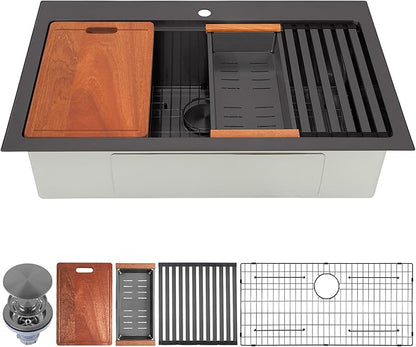 Black Drop In Kitchen Sink 36" X 22",Top Mount 16 Gauge Stainless Steel Workstation Sink,Deep & Large Single Bowl Kitchen Sinks (Black, 36" X 22")