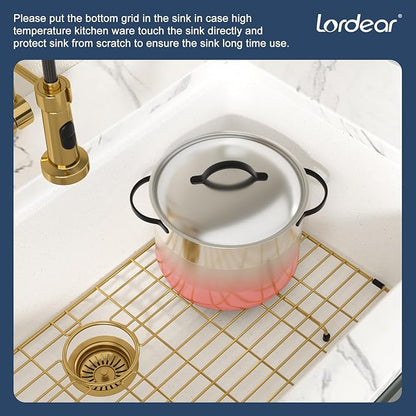 Lordear 33 Inch White Kitchen Sink Granite Composite Undermount Kitchen Sink Workstation 33x19 White Quartz Sinks Under Counter Single Bowl with Classic Gold Accessories