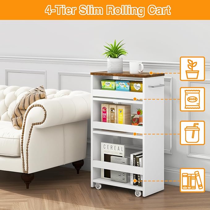 IBUYKE Slim Storage Cart, 4-Tier Skinny Rolling Cart, 7.9" Narrow Utility Trolley with Handle & Lockable Wheels,Thin Shelf for Kitchen, Laundry Room, Bathroom, Small Spaces,Space-Saving White WST005W