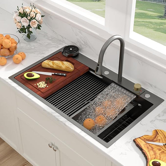 Sarlai 36 Inch Waterfall Kitchen Sink Workstation - 36x22 Black Waterfall Drop In Sink Stainless Steel 16 Gauge Sink Multifunction Single Bowl Smart Top Mount Kitchen Sinks with Faucet Combo