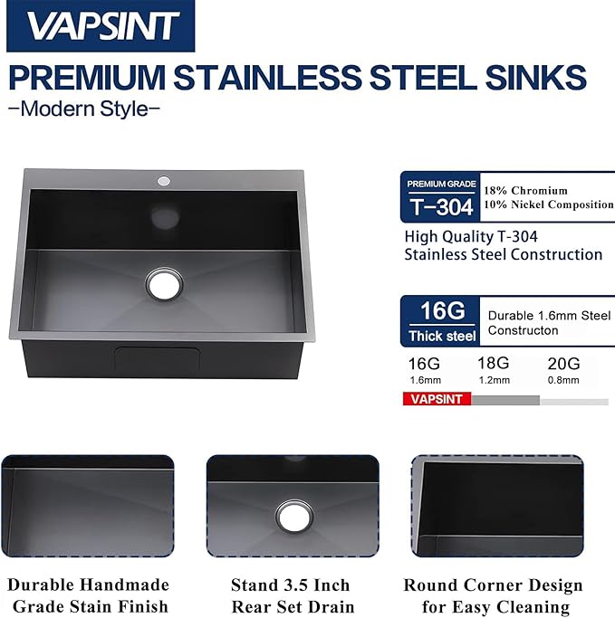 VAPSINT 25x22 Inch Black Drop In Kitchen Sink, 25 x 22 Inch Top Mount 16 Gauge Stainless Steel Single Bowl Deep Small Kitchen Sink, RV Laundry Utility Sinks with Basket Strainer