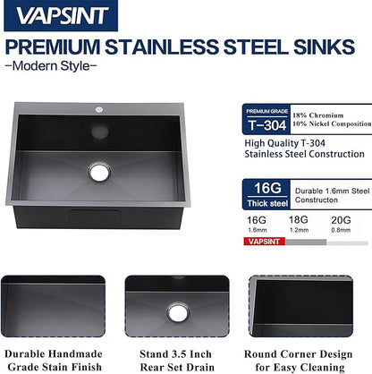 VAPSINT 28 Inch Black Drop In Kitchen Sink, 28x18 Inch Top Mount 16 Gauge Comemercial Stainless Steel Gunmetal Black Handmade Single Bowl Sink for Kitchen with Drain Strainer