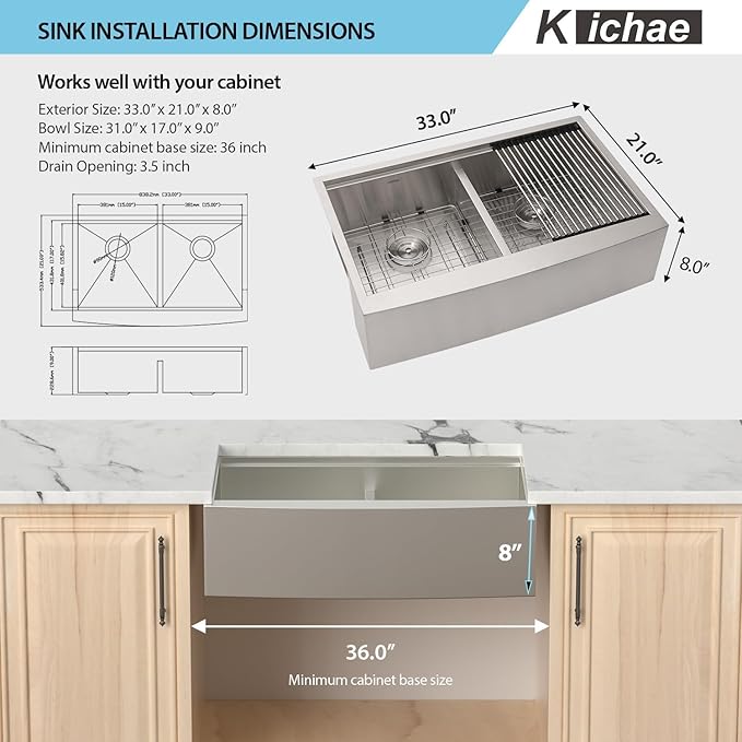 Kichae 33 Farmhouse Sink Double Bowl - 33 Inch Kitchen Sink Apron Front Stainless Steel Handmade Low Divided 50/50 Double Bowl Workstation Sink Basin