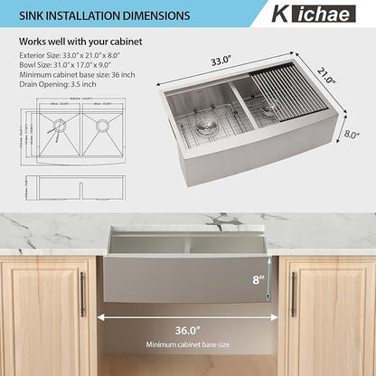 Kichae 33 Farmhouse Sink Double Bowl - 33 Inch Kitchen Sink Apron Front Stainless Steel Handmade Low Divided 50/50 Double Bowl Workstation Sink Basin