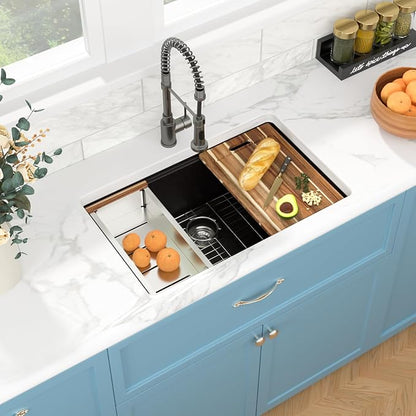 Sarlai 30 Granite Composite Kitchen Sink - 30"x19" Black Undermount Kitchen Sink Ledge Workstation Matte Black Granite Quartz Composite Under-Mount Single Bowl Sinks Basin with Accessories