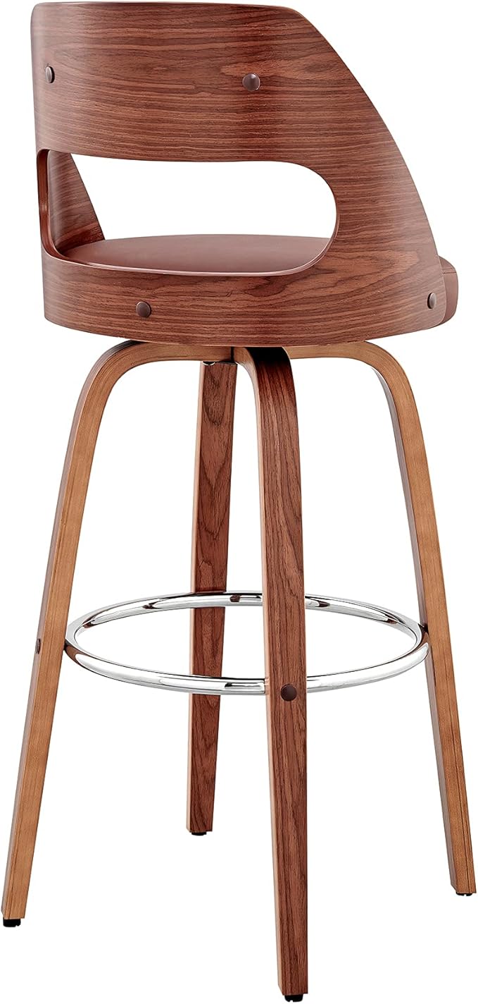 Armen Living Julius Mid Century Modern Swivel Bar Stool for Kitchen Island Counter in Brown Faux Leather and Walnut Wood, 26" Seat Height