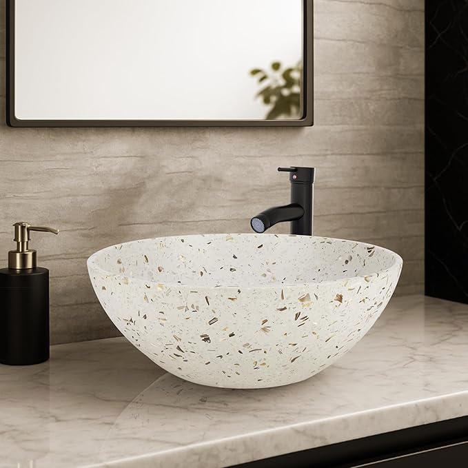 YIMAI Terrazzo Vessel Sink with Faucet and Drain, 15.7" Round Concrete Bathroom Sink Above Counter, Modern Artisanal Wash Basin Bowl with Matte Finish, Easy Install Combo Set for Vanity