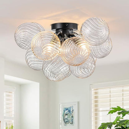 Semi Flush Mount Ceiling Light,Black Chandeliers for Living Room Modern Clear Swirled Glass Chandelier Dining Room Light Fixtures over Table 18.5" with 13 Globe for Foyer Bedroom Kitchen Island