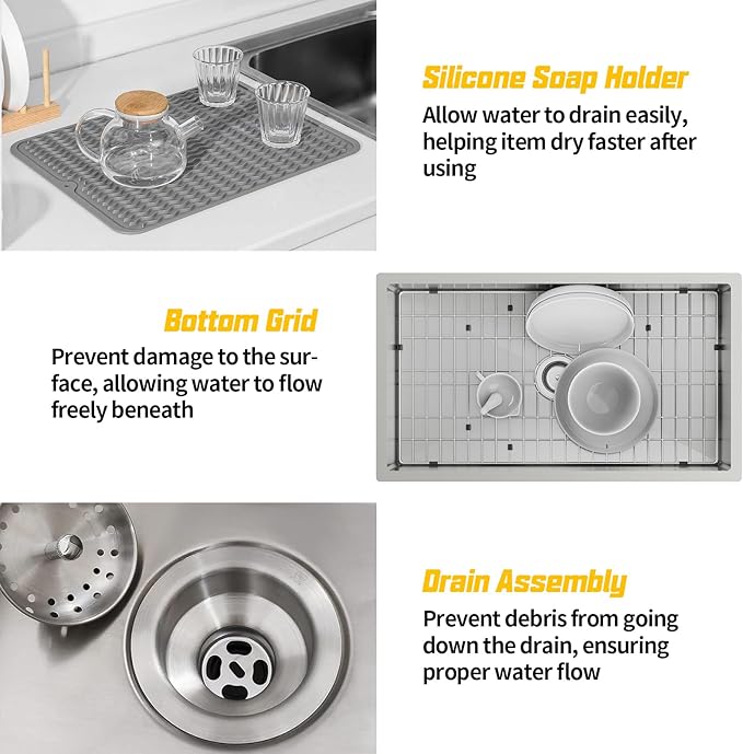 33x19 Inch Stainless Steel Kitchen Sink-Undermount Single Bowl Drop In Kitchen Sink Stylish And Modern Look Come With Bottom Grid,Silicon Mat And Drain Assembly Add Elegance & Enhance Usability