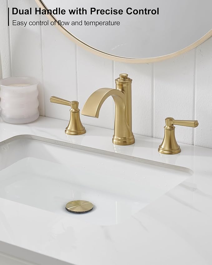 Brass Bathroom Waterfall Faucet, 4-16 Inch Brushed Gold Bathroom Faucet Widespread Bathroom Sink Faucet, 2 Handles Bathroom Faucets for Sink 3 Hole with Pop Up Drain, Water Hoses