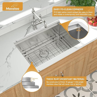 Mocoloo 27 Inch Undermount Kitchen Sink - 27x19 Stainless Steel Sink 16 Gauge Single Bowl Workstation Handmade Deep Basin