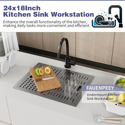 Black Kitchen Sink With Dual Cover,24"x18" Stainless Steel Undermount Single Bowl Kitchen Sink Built-in Ledge Drop In Workstation Sink Fully Covering Sink To Create Temporary Workspace/Drainage Area