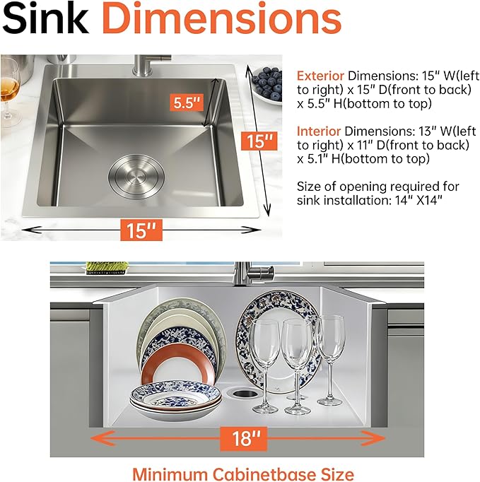 15x15 Inch Single Bowl Kitchen Sink,304 Stainless Steel Top Mount Kitchen Sinks Bar Sink,Handmade 16 Guage Small Kitchen Sink Brushed Nickel Deep Kitchen Sinks RV Sink
