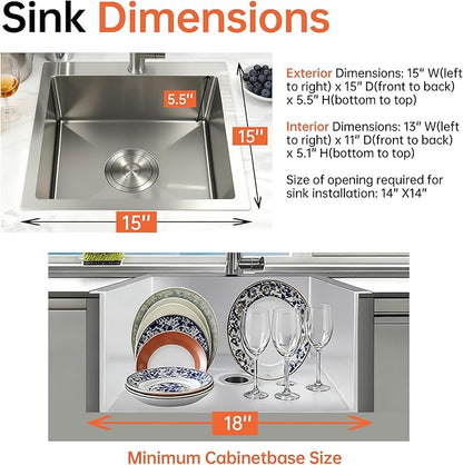 15x15 Inch Single Bowl Kitchen Sink,304 Stainless Steel Top Mount Kitchen Sinks Bar Sink,Handmade 16 Guage Small Kitchen Sink Brushed Nickel Deep Kitchen Sinks RV Sink