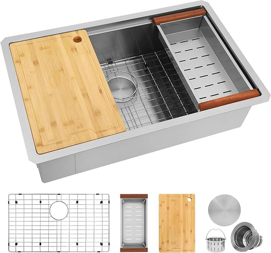 27 Inch Undermount Kitchen Sink,16 Gauge Stainless Steel Kitchen Sink Single Bowl, 27"x19"x9" Undermount Sink Ledge Workstation Sinks With All Accessories, Multi-Functional Sinks