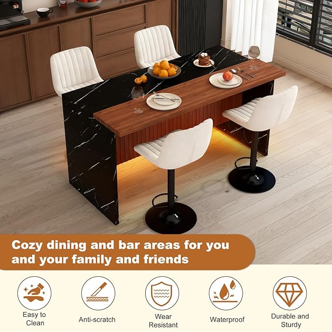 Donext 63 Inch Marble Kitchen Island Dining Sets with LED Lights, Mobile Kitchen Cart Breakfast Bar,4 Modern Bar Stools, MDF Countertop Table with Storage (Black+Beige)