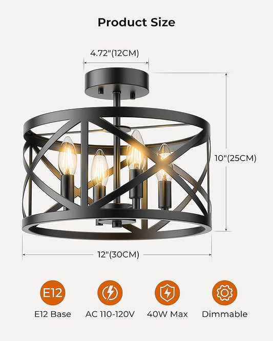Matane Semi Flush Mount Ceiling Light, 4-Light 12inch Farmhouse Modern Light Fixture with X-Shape Cage, Industrial Rustic Ceiling Lamp for Kitchen, Dining Room, Bedroom, Hallway, Laundry Room, Black