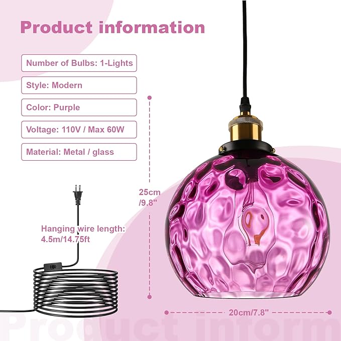 Corner Plug in Pendant Light Vintage Purple Glass Ceiling Hanging Light Dome Shade Island Light Fixtures for Bedroom Living Room Dining Room, Grow Light