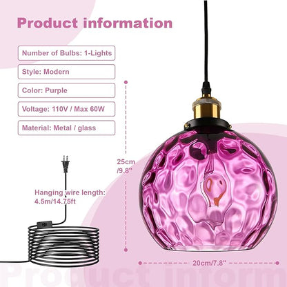 Corner Plug in Pendant Light Vintage Purple Glass Ceiling Hanging Light Dome Shade Island Light Fixtures for Bedroom Living Room Dining Room, Grow Light