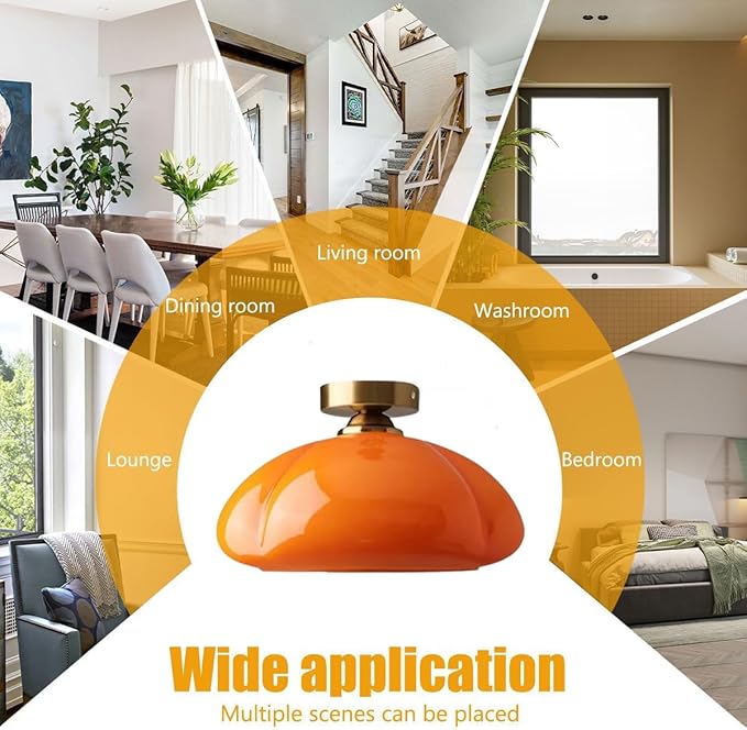 Bofea-Mid Century Modern Orange Milk Glass Ceiling Light,Vintage Gold Semi Flush Mount Ceiling Light with Orange Glass,11.8 in Small Hallway Lights,Farmhouse Semi Flush Lights for Bedroom,Foyer