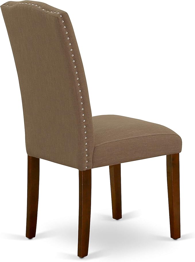 East West Furniture ENP3T18 Encinal Parson Dining Chairs - Nailhead Trim Dark Coffee Linen Fabric Upholstered Chairs, Set of 2, Mahogany