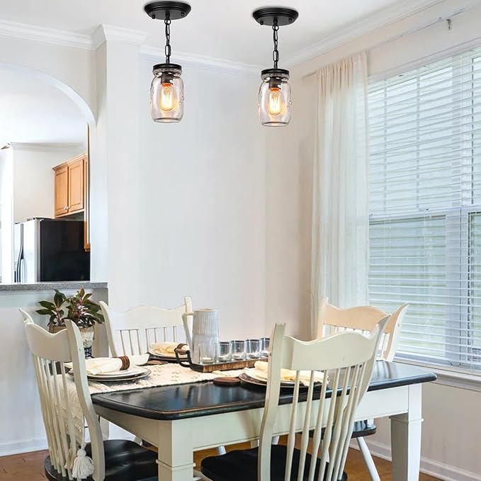 2 Pack Mason Jar Light Fixtures, 1-Light Kitchen Island Light Glass Jar Chandelier Farmhouse Pendant Lighting Fixture Close to Ceiling for Dining Room Sink Barn Foyer Stairway