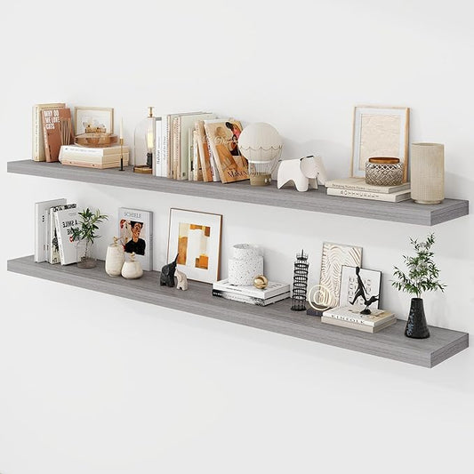 Acovy 72 Inch Floating Shelves, 9.3" Deep Floating Shelf Wall Mounted, 72" Wall Shelves, Rustic Deep Bookshelf, Large Display Shelves & Storage Shelves for Bedroom, Living Room, Grey, Set of 2