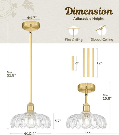 FEMILA 10.4" Gold Pendant Light, Vintage Pendant Lighting with Flower Glass, Pendant Light for Kitchen Island Bedroom Hotel Living Room, 4FJX82MIL BG