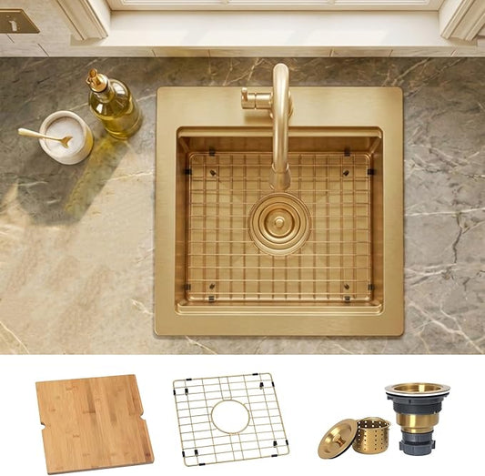 Drop In Gold Bar Sink 17 X 19 inch,Small RV Sink,16 Gauge Stainless Steel Bar & Prep Sinks for Wet Bar Area