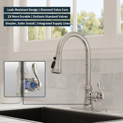 BWE Brushed Nickel Kitchen Faucet with Pull Down Sprayer, Solid Brass Single Handle High Arc Kitchen Sink Faucet, 3 Spray Modes, Deck Plate Included, Farmhouse Bar Kitchen Faucet