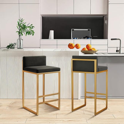 Velvet Stools with Low Back Mid-Century Upholstered Armless Chairs for Kitchen Island Home Pub Grey + Gold Sitting Height 65cm (Black + Gold 25.6in)