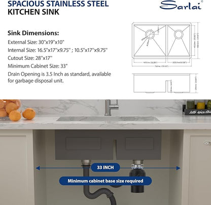 Sarlai 30 Undermount Kitchen Sink Double Bowl - 30x19 Inch Kitchen Sink Undermount Workstation16 Gauge Stainless Steel Deep Double Bowl 60/40 Low Divided Under Counter Sinks Basin