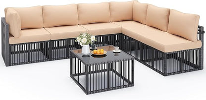 Pamapic 7-Piece Outdoor Sectional Set, Large Wicker Patio Furniture Set with Coffee Table and Washable Cushions Covers, All-Weather Patio Sofa Conversation Set for Backyard, Poolside, Garden