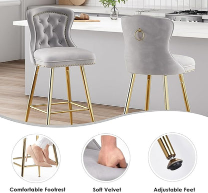 Luxurious Velvet Counter Height Bar Stools Set of 2 with Metal Legs, Button Tufted, Nailheads Trim, Wing-Back Bar Chairs for Kitchen Island Dining Room Pub(Gray)