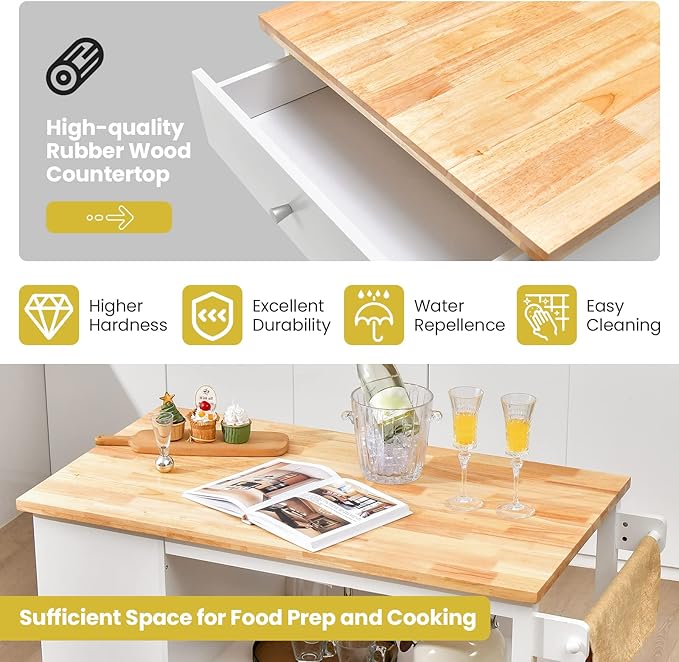 Giantex Kitchen Island Cart on Wheels, Rolling Island Table with Rubber Wood Top, Drawer, 3 Tier Spice Rack, 8 Storage Shelf & Cube, Serving Cart for Dining Room Bar, 46"x23.5"x39" White