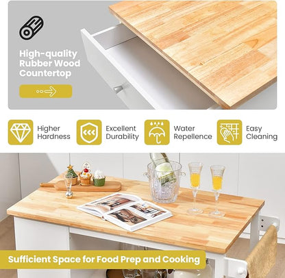 Giantex Kitchen Island Cart on Wheels, Rolling Island Table with Rubber Wood Top, Drawer, 3 Tier Spice Rack, 8 Storage Shelf & Cube, Serving Cart for Dining Room Bar, 46"x23.5"x39" White